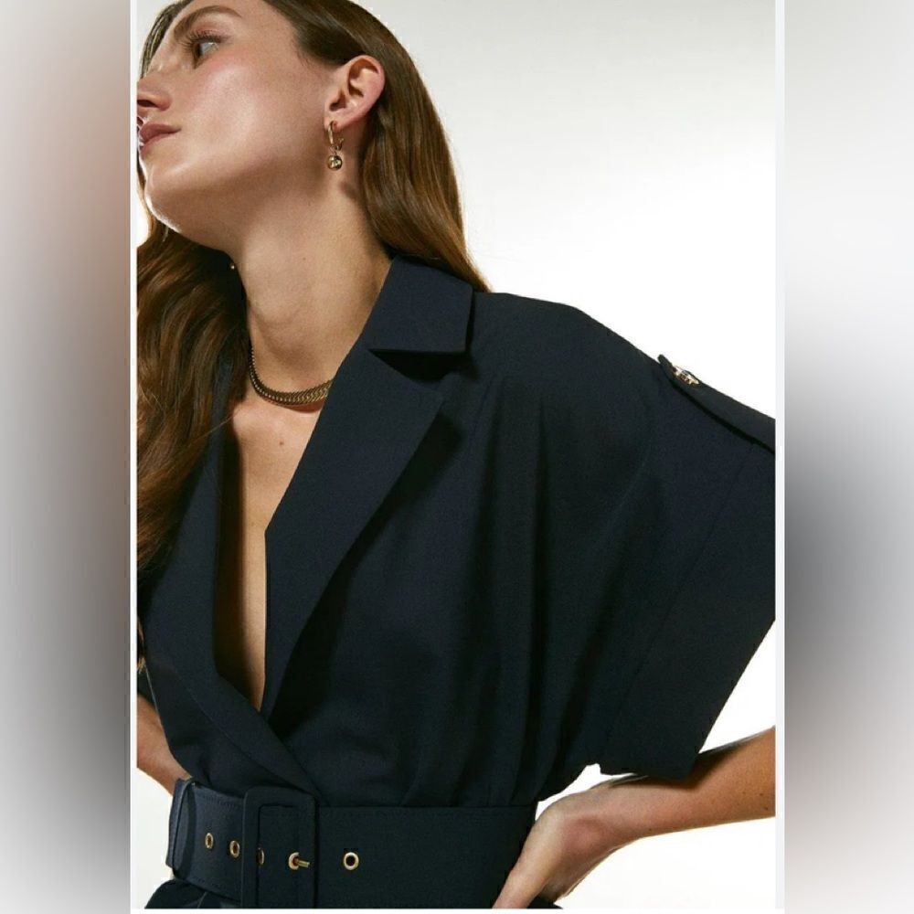 Karen Millen blazer Polished Stretch Belted blazer in navy Size US 4. NWT - Picture 3 of 11